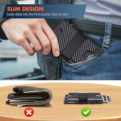 Image of AUTLEY Slim Wallet For Men, Minimalist Mens Wallet, Rfid Blocking Wallet, Pop Up Credit Card Holder with Cash Band (Carbon Fiber+Black)