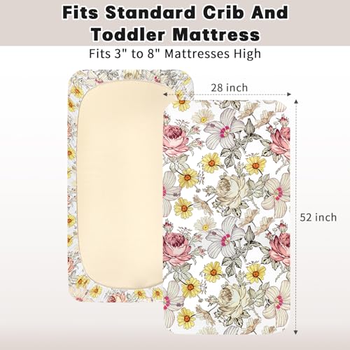 Image of Crib Sheets for Girl Boy, HNHUAMING Crib Sheet Fitted Fits for Standard Crib & Toddler Mattresses, Ultra Soft Breathable Baby Crib Sheets Neutral 52'' X 28'' inch Boho Crib Sheet, Daisy Floral