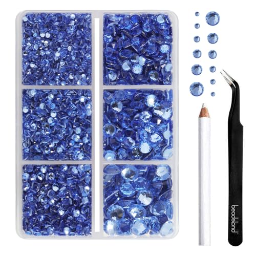 Image of BEADSLAND Hotfix Rhinestones, 4000 PCS Light Blue Rhinestones for Clothes Crafts Mixed 6 Sizes with Wax Pencil and Tweezers Kit, SS6-SS30, Light Sapphire