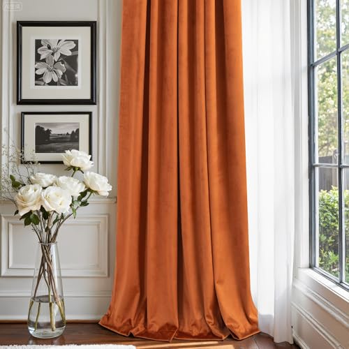 Image of Burnt Orange Velvet Curtains 96 Inches Long for Bedroom 2 Panels Back Tab Luxury Textured Light Blocking Soundproof Autumn Drapes Rust Terracotta Living Room Darkening Curtains Boho Modern Farmhouse