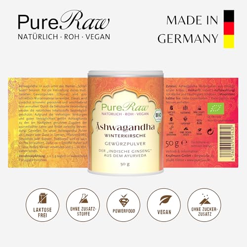 Foto von Ashwagandha Pulver Bio (Roh Vegan) Schlafbeere Wurzeln Aschwagander Winterkirsche Indischer Ginseng Aswanghanda Pulver - Organic Withania Somnifera Root Powder | PureRaw 100g (=2x 50g)