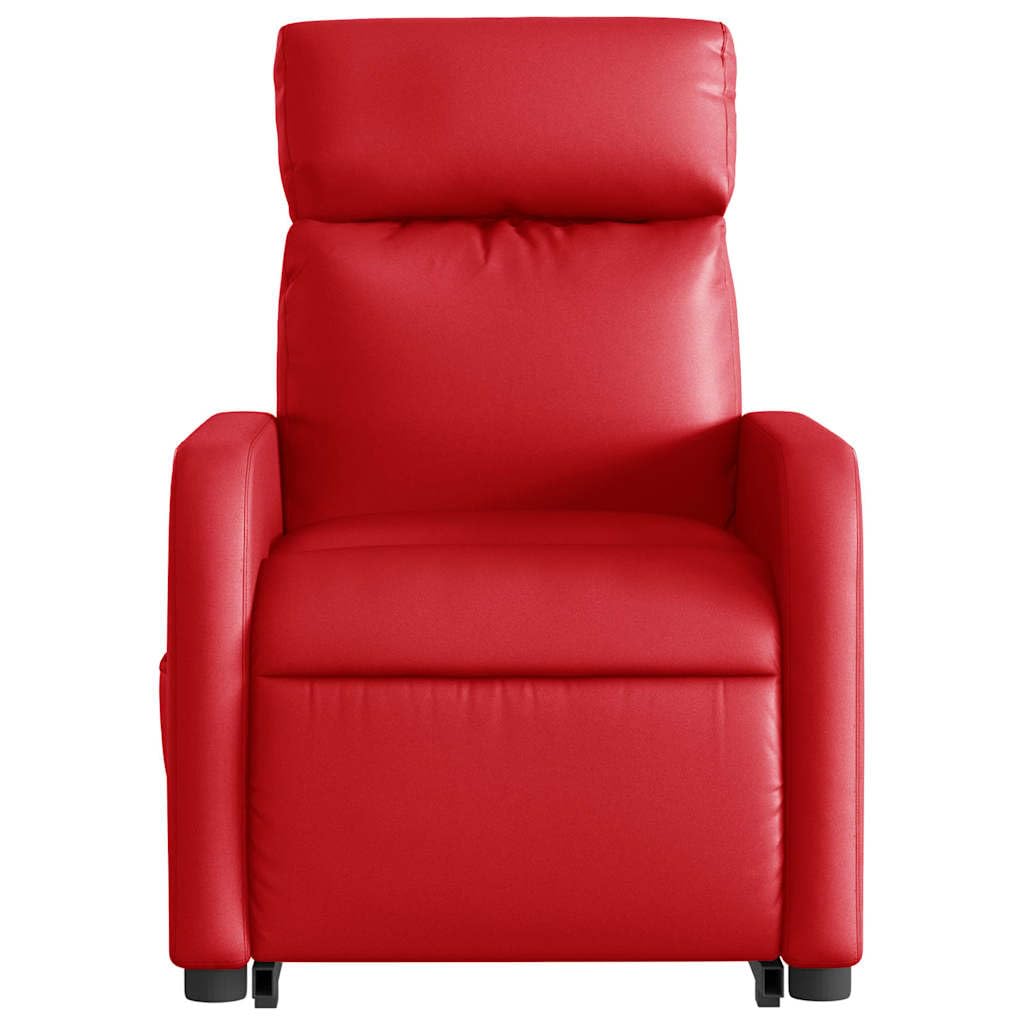 Sillón elevador reclinable con elevación eléctrica y respaldo manual, color rojo de piel sintética, estructura estable de madera y metal, bolsillo lateral, asiento acolchado