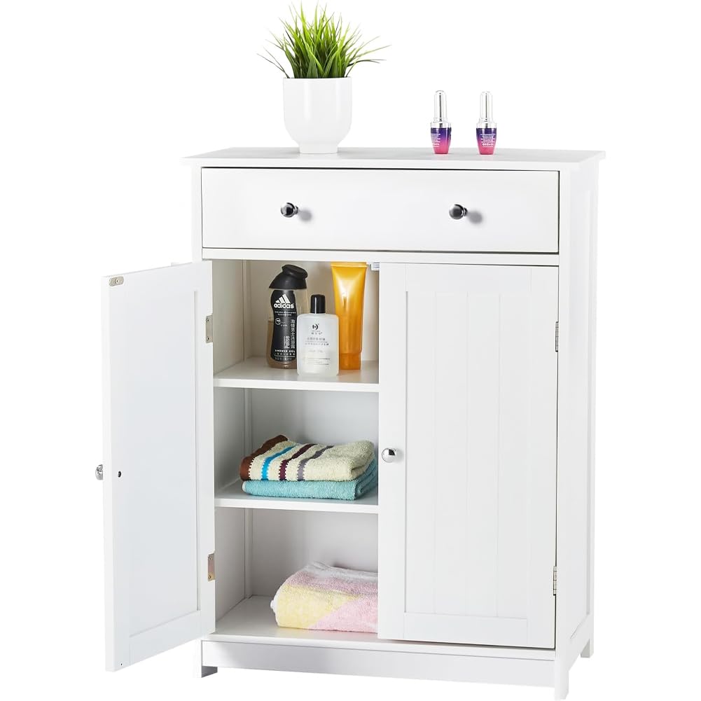 Shally Dogan Armadietto da Bagno Autoportante in Legno Bianco, Mobile Armadio da Terra Multiuso con 1 Cassetto e 2 Ante, Mobiletto per Casa, Cucina, Salone, Salotto, Ingresso, Ufficio, Maniglie Silver