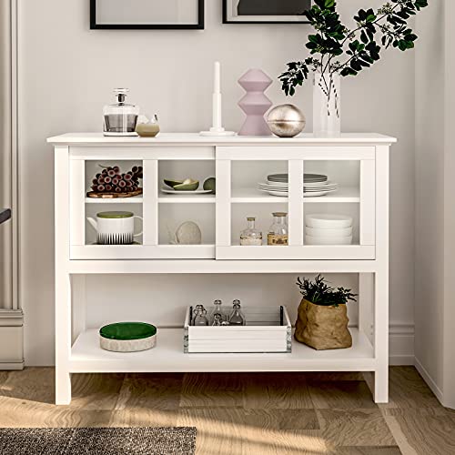 Tiptiper Sideboard Buffet Storage Cabinet, Dining Room Buffet Table Server with Sliding Tempered Glass Doors, White Console Cabinet with Bottom Shelf for Living Room, Entryway