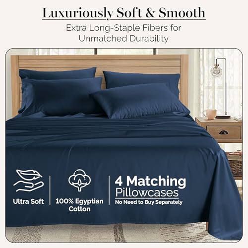 Casa Platino 100% Egyptian Cotton Sheets California King Size Set - 6 Pcs (1 Flat, 1 Fitted, 4 Pillowcases)- Ultra Smooth Sateen Weave Bed Sheets with 15" Deep Pockets - Navy Blue