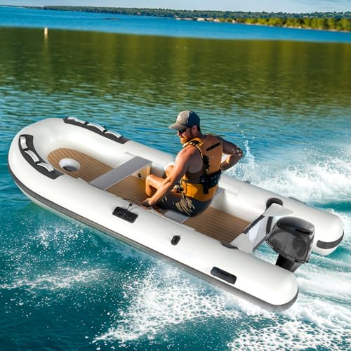 Danrelax 10.5ft Inflatable Dinghy Boat, 1200 lbs Capacity, Fishing Rafting Transom Sport Tender, Inflatable Pontoon Boat for Adults, EVA Foam Floor, 2 Aluminum Seats, 6 Handles, 2 Paddle Holders