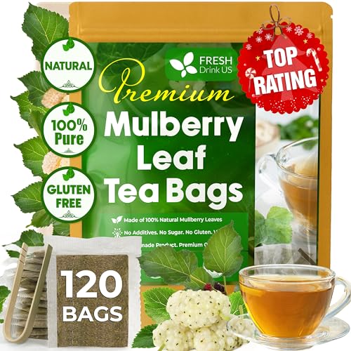 Image of FreshDrinkUS, Premium 120 Mulberry Leaf Tea Bags, 100% Natural & Pure from Mulberry Leaves. Loose Leaf Herbal Tea. Made with Natural Material Tea Bags. No Sugar, No Caffeine, No Gluten, Vegan.
