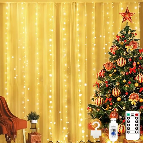 EvaStary Luces de Cortina 2m x 2m 200 LED USB Cortina Luces, Navidad 8 Modos Cortina Luces LED con Mando Luz de Cortina Impermeable IP65 para Decoración Bodas Fiestas Interior Blanca Cálida