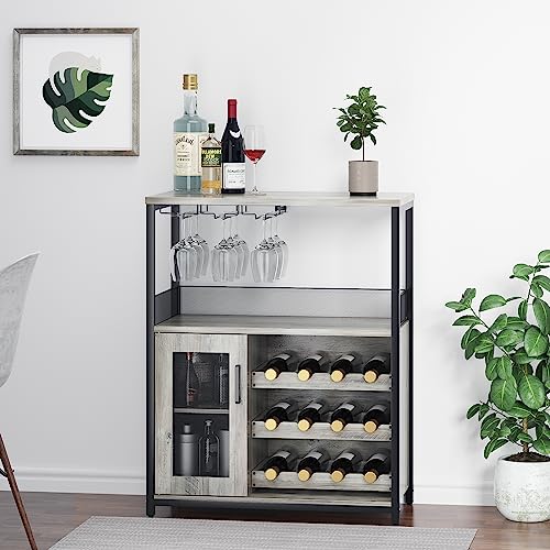 IDEALHOUSE Wine Bar Rack Cabinet with Detachable Wine Rack, Bar Cabinet with Glass Holder, Small Sideboard and Buffet Cabinet with Mesh Door (Grey)