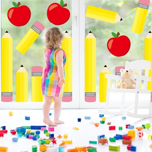 9 Pcs Pencil Apple Door Window Bulletin Board Decoration Back to School Classroom Decoration Red Apple Pencil Paper Cutouts Window Decals for First Day of School Party Chalkboard Door Glass Wall Decor