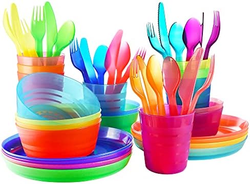 Plastic Dinnerware Set - 8 Piece Cookware Set Include Kids Cups, Plates, Bowls, Flatware Set - Dish Set with Rainbow Colours - Dishwasher and Microwave Safe BPA Free for Kids and Toddler