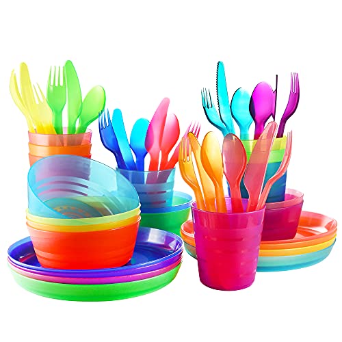 Image of Plastic Dinnerware Set - 8 Piece Cookware Set Include Kids Cups, Plates, Bowls, Flatware Set - Dish Set with Rainbow Colours - Dishwasher and Microwave Safe BPA Free for Kids and Toddler