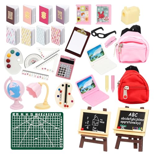ONEST 34 Pieces Doll House School Supplies Mini School Accessories Dollhouse Toy Home Miniature Model DIY Doll Accessories
