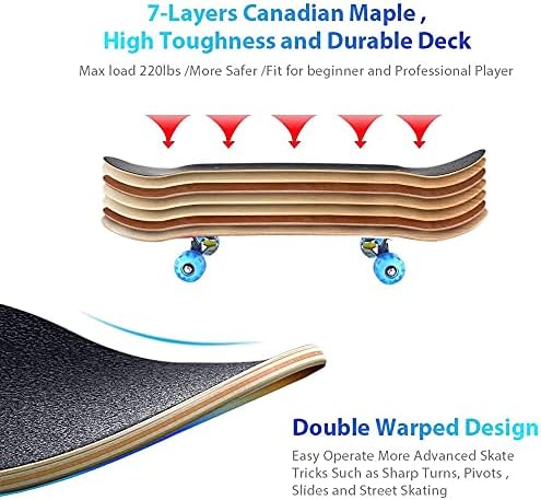 WINAKUI Kids Skateboard, 31 x 8 Inch Maple Double Kick Concave Skateboards with Flashing Wheels, Beginners Skateboards for Girls Boys Teen Adult