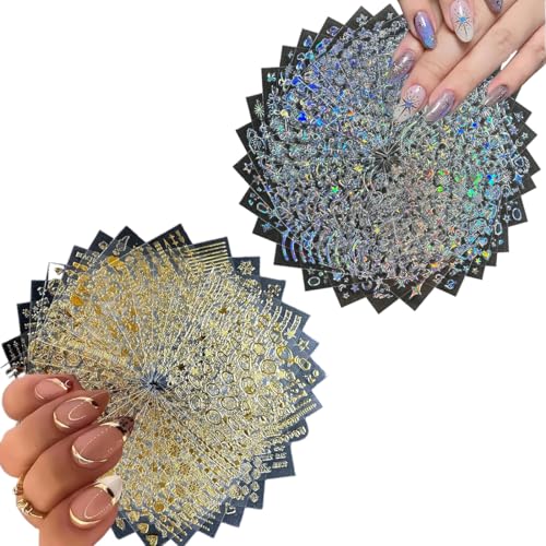 YUPZAR 60 Hojas De Pegatinas Nail Art,Pegatinas Para Uñas,Autoadhesivas 3D Flores Paras Uñas,Pegatina Aurora Luna Estrella Para Nail Art,Diseño De Corazón Hoja