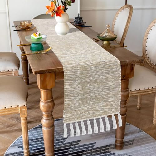 Image of Luxe Home Elegant Beige and White Woven Table Runner with Tassels - Mix Cotton Jute 13 x 74 Inch, Textured - Perfect for Dining Table, Center Table, Decor