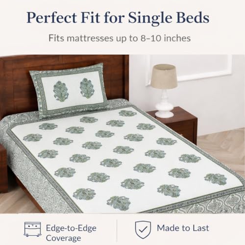 Image of elanorhomes 240 TC Pure 100% Cotton Single Bedsheet (60x90 Inches) with 1 Pillow Cover | Ultra-Soft, Breathable & Skin-Friendly | Lightweight & Durable, Green Fulwari Print