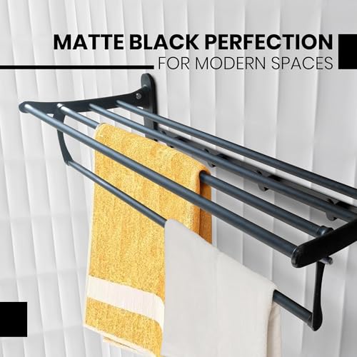 Image of iBELL 57 cm (22.5-Inch) Black Stainless Steel Folding Towel Rack for Bathroom | 90 Foldable Space-Saving Towel Stand | Towel Hanger | Bathroom Accessories| Corrosion Resistant and Scratch Resistant