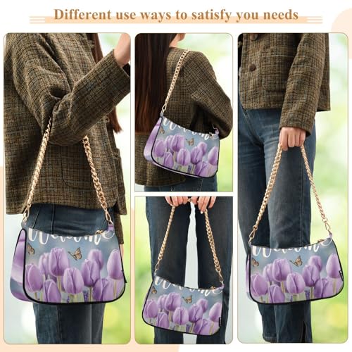 OTVEE Purple Tulips and Lavender Welcome Shoulder Bags Mini Small Handbags Clutch Trendy Purses for Women3