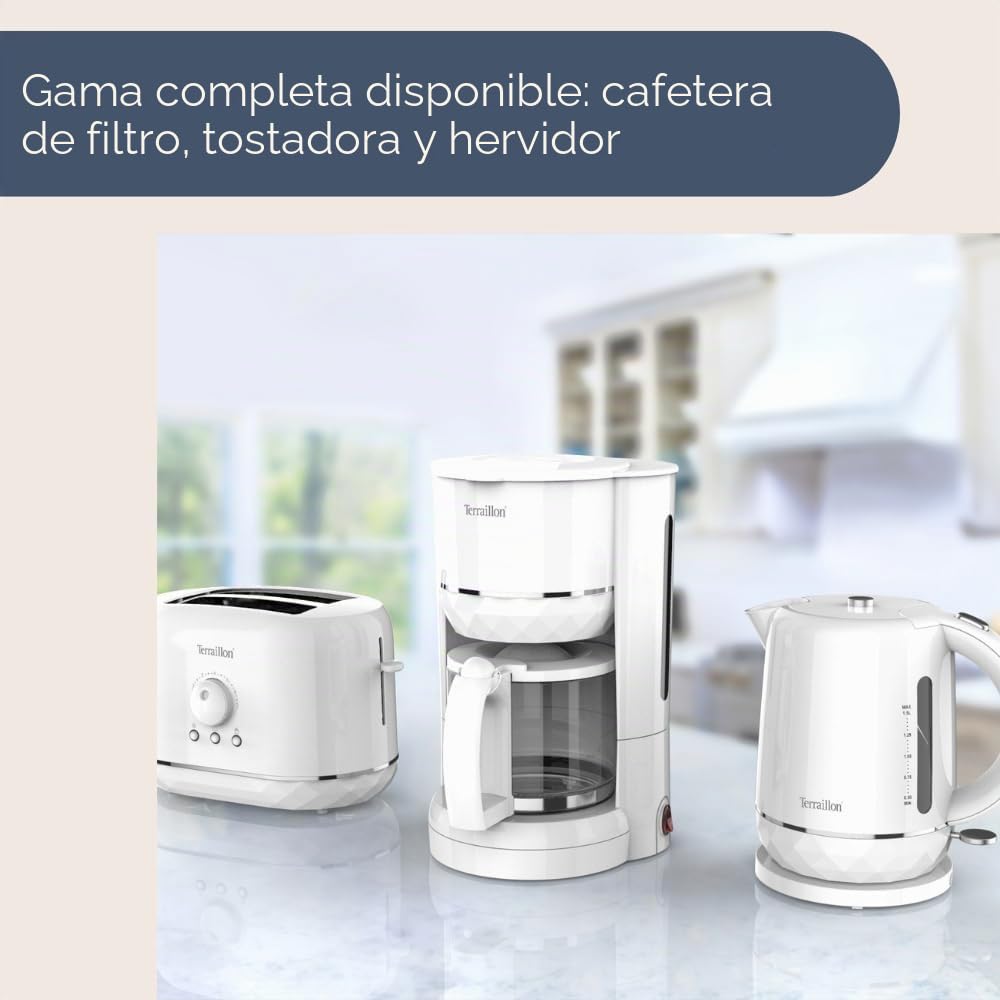 Terraillon – Cafetera de filtro eléctrico DIAMANTE BLANCO – Jarra de cristal – 980 W – Capacidad 1,25 L – Mantiene el calor – Indicador de nivel de agua – Función antigoteo – Base en relieve efecto