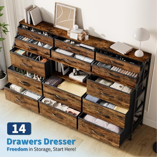Dresser for Bedroom with 14 Drawers, 55" W Dresser with Side Pocket, Fabric Dressers & Chests of Drawers with Shelves, Sturdy Frame, Wood Top