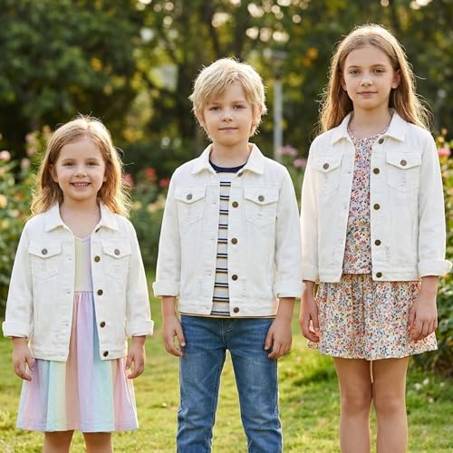 Image of Girls Boys Jean Jacket for (4-14 Years Kids) Trendy Cozy Soft Ripped Denim Coat Casual Outerwear School Travel Teen Gift