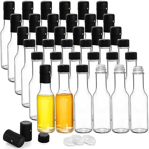 Cedilis 36 Pack Small Glass Bottle, 3oz/100ml Glass Woozy Bottle, Empty Mini Hot Sauce Bottles, Clear Liquor Wine Bottles with Shrink Capsule, Black Screw Caps, Dripper Insert