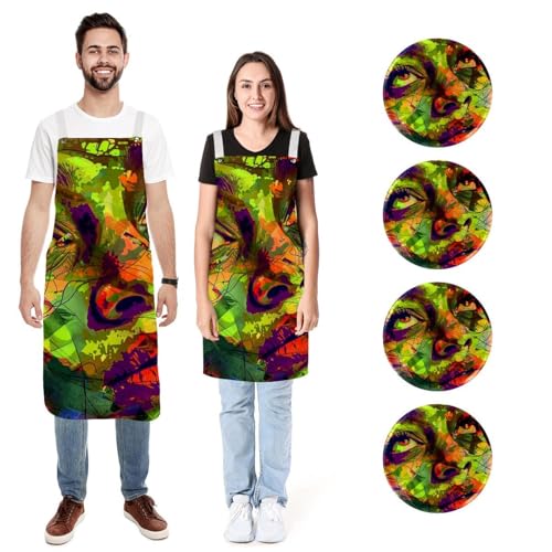 Tablier de cuisine en lin homme femme réglable 2 poches motif aquarelle