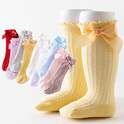 Actlati 3/5 Pairs Baby Girls Knee High Socks Toddlers Bow Cotton Mesh Anti-Skid Knitting Stockings Suitable For 0-3 Years #TOP1