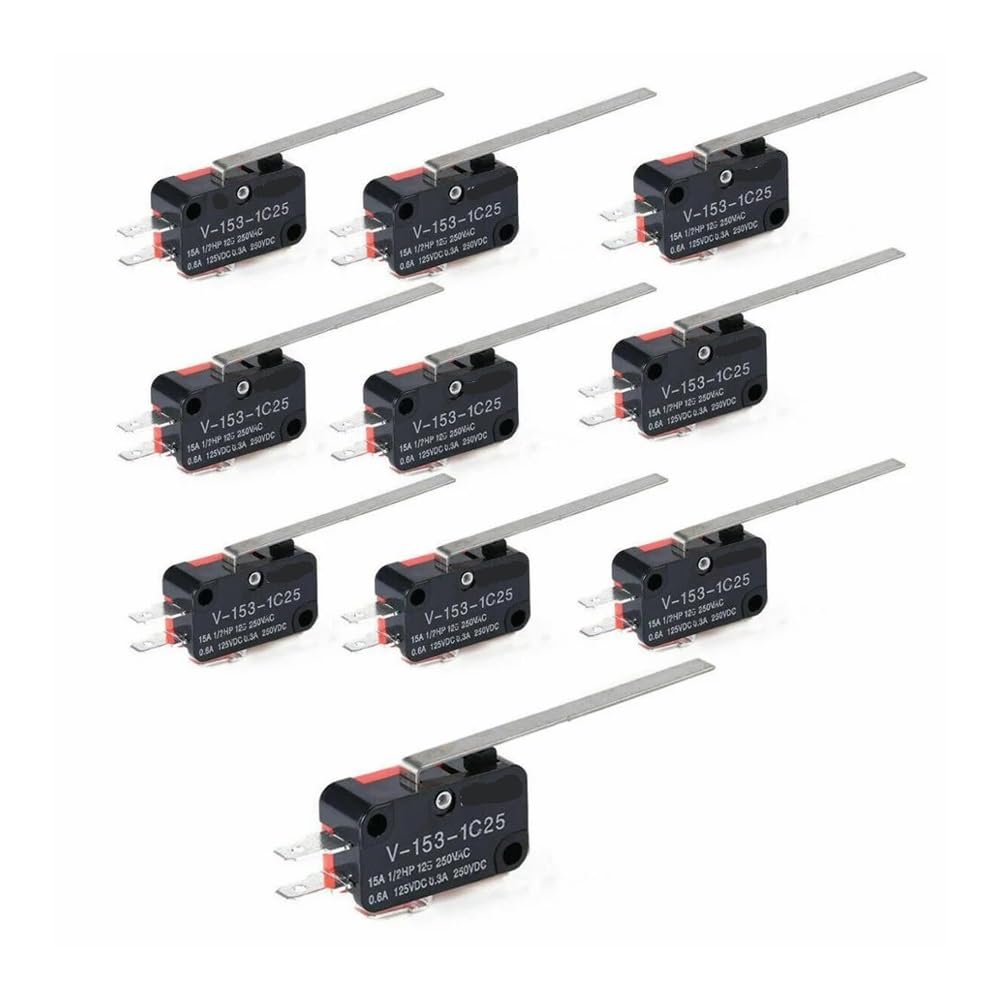 BKGWCSOR 10PCS Electrical MicroSwitches V-153-1C25 Limit Switch Long Straight Hinge Lever Type SPDT Switch for Instrument Measure Switches