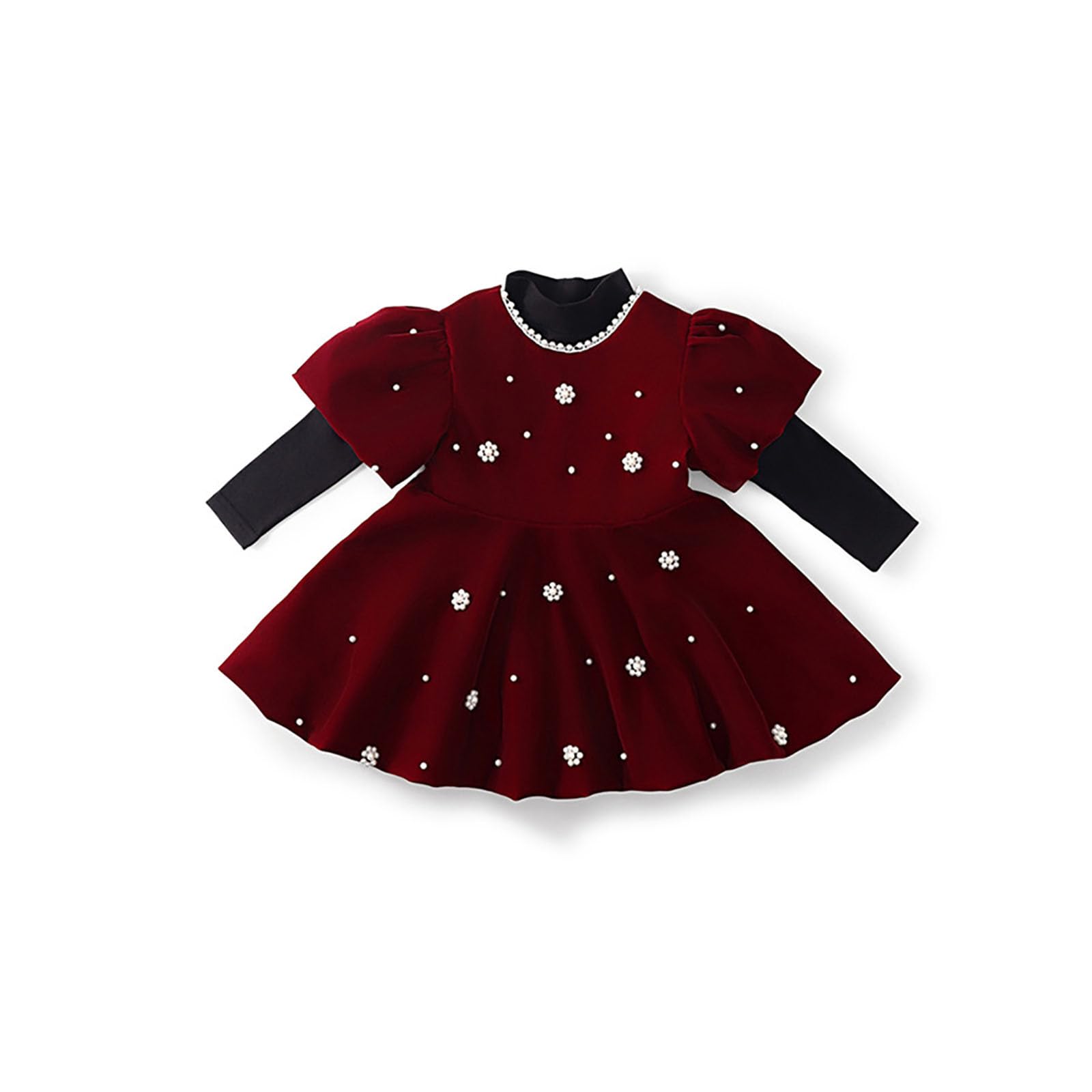 Generisch Elegante abito da festa rosso con perle a maniche lunghe per vacanze invernali, occasioni formali, eventi speciali, ragazze da due a dieci anni