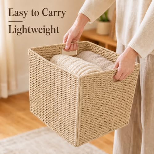 13x13x13 Inch Wicker Storage Basket Set of 2, FAAYUCK Handwoven Storage Cube Bins with Handle for Shelves, Foldable Wicker Organizer Basket for Bedroom, Laundry, Livingroom by FAAYUCK - Used condition - Image 5
