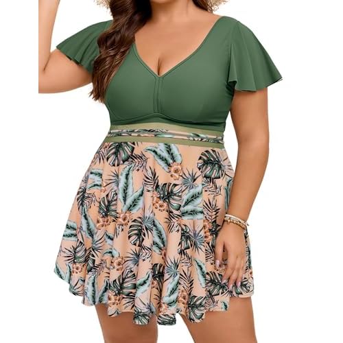 Arolina Women's Plus Size Tankini Swimsuits Swim Dress Mesh Bathing Suits Two Piece Ruffle V Neck Swimwear with Swim Shorts Army Green and Black Small
