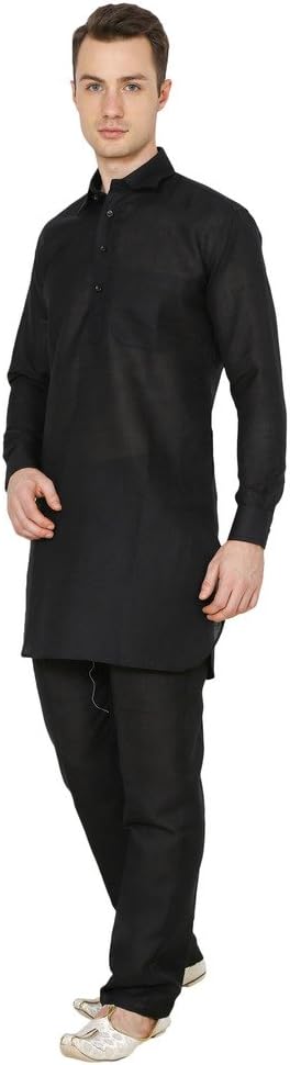 Royal Kurta Men's Luxury Cotton Pathani Kurta Pyjama Set 38 Black