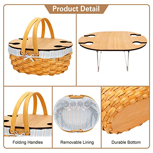 Picnic Basket For 4 With Table - Wicker Picnic Basket With Cutlery Service Kit | Willow Picnic Set For 4 Person | Woodchip Basket With Lid & Handle Basket | Easter Egg Basket | Honey #TOP4