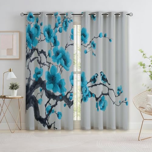 Genérico Cortinas de Ventana con Estampado de Chino Tradicional Floral Animal, 2 Piezas Azul Grisáceo Cortina Opacas con Ojales para Sala de Estar y Dormitorio - 75 x 166 cm (An x Al)