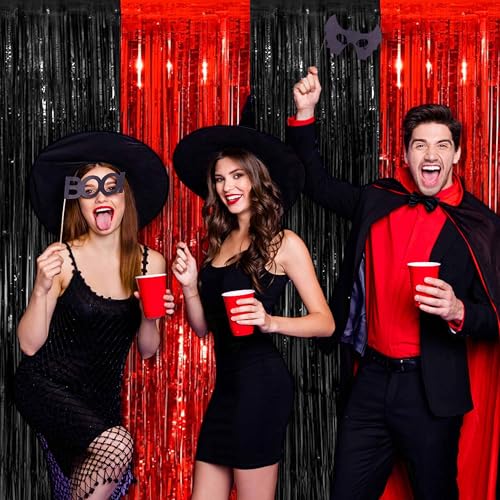 Image of 3 Pack Black and Red Foil Fringe Curtains Backdrop, 3.28 x 9.8 Ft Metallic Streamers Tinsel Curtains Background for Photo Booth, Birthday, Halloween, Christmas, New Year Party Decorations
