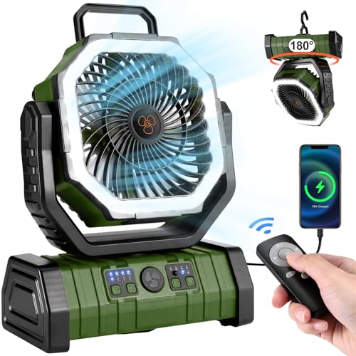 Odoland 30000mAh Camping Fan with LED Lantern, Rechargeable Battery Operated Oscillating with Remote & Hook, Portable Tent Fan with Timer, 4 Speeds for Outdoor Camp RV Jobsite Power Outage, Green