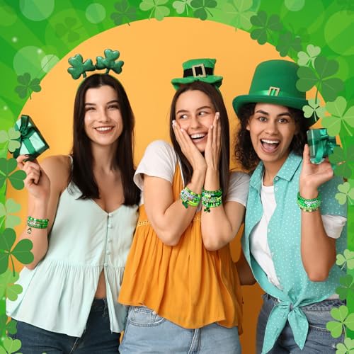 Landical 64 Pieces St. Patrick's Day Bracelets Bulk Beaded Favor Irish Lucky Leaf Shamrock Bracelet Pack Green Stackable Friendship Jewelry for Gifts Goody Bag Fillers Party Supplies - Image 3