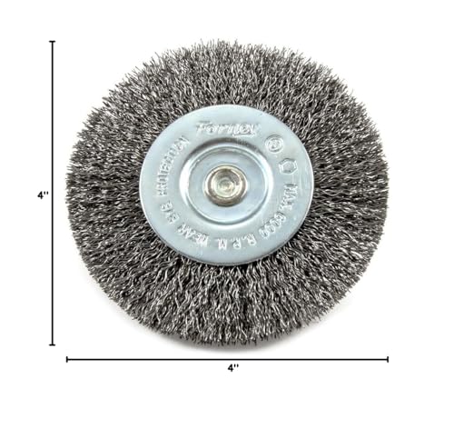 Image of Forney 72739 4-Inch Coarse Wire Wheel Brush | Features coarse crimped wire with a 1 /4-inch hex shank. Ideal for heavy-duty rust removal, cleaning, and surface prep.