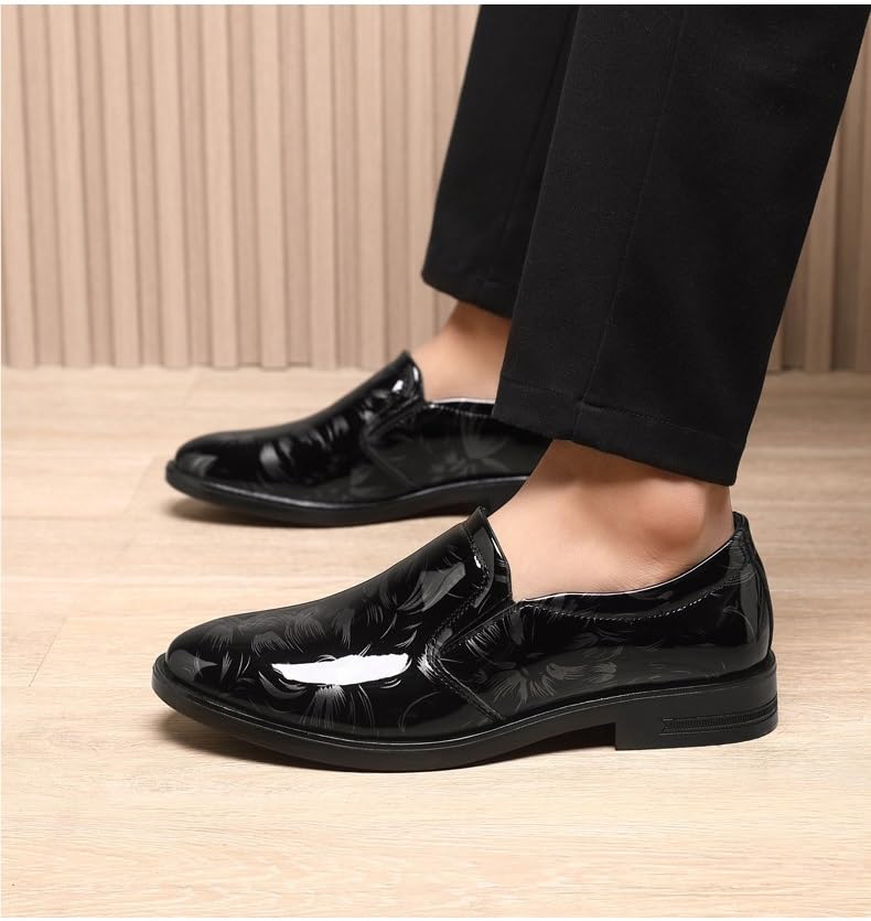 Shoes Dress Oxford for Men Slip On Round Toe Patent Leather Floral Shoes Anti-Slip Non Slip Block Heel Slip Resistant Rubber Sole Walking4