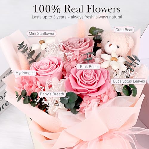 Preserved Flowers Bouquet with Bear, 3 Real Forever Flowers for Delivery, Long-Lasting Pink Eteranl Roses Bouquet Birthday Gifts for Women, Mother, Wife, Her - Image 3