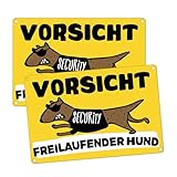 Goodvia Vorsicht Hund Schild Lustig 30x20cm (A4) Aluminum Metal Reflektierend für Außen und Innen mit 4 Vorgebohrten Löchern Gelb x2 Stück