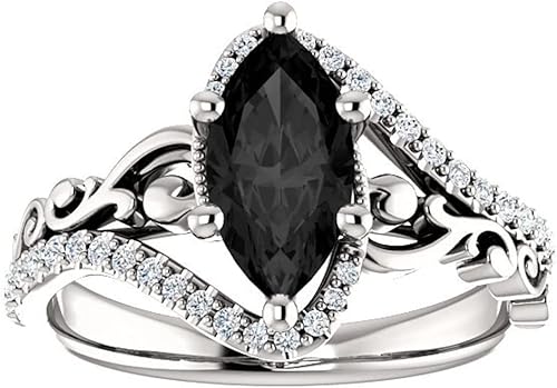 Miniatura 2 de Anillo de compromiso de marquesa de 1 CT de color negro, anillo de ónix negro marquesa de voluta, anillo de diamantes negros marquesa victoriana,