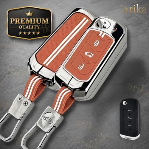 Image of Arika Metal Car Key Cover for Mahindra Scorpio N XUV300 XUV700 Tata Nexon Punch Altroz Tiago 2 /3 /4 Button Smart Key Case with Keychain (Key Shell-Brown)
