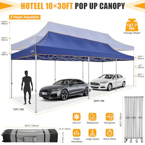 Image of HOTEEL 10x30 Heavy Duty Pop Up Canopy Tent for Parties Event Wedding Commercial Instant Canopy with Wheeled Bag, Party Tent Waterproof UV 50+&Windproof, Upgraded Thick Hexagonal Legs, Deep Blue