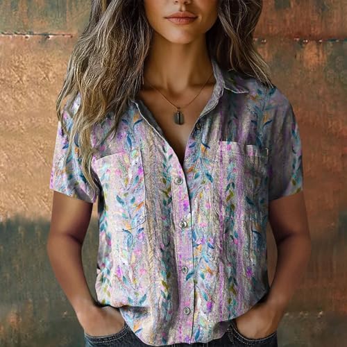 Womens Floral Button Down Shirts Women Cotton Shirt Printed V Neck Button Down Casual Tops Short Sleeve Blouse2