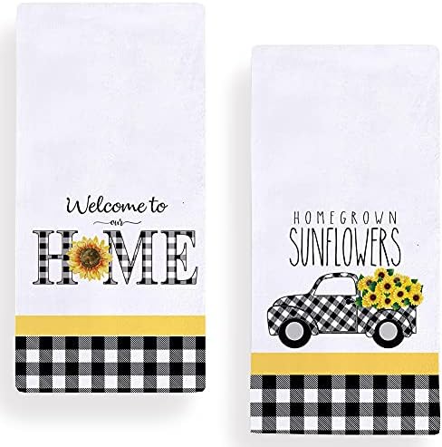 Buffalo Plaid Sunflowers Kitchen Dish Towel 18 x 28 Inch Set of 2, Seasonal Spring Summer Sunflower Trucks Tea Towels Dish Cloth for Cooking Baking