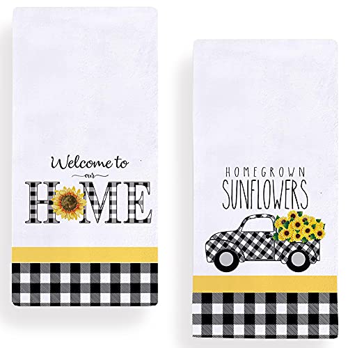 Buffalo Plaid Sunflowers Kitchen Dish Towel 18 X 28 Inch Set Of 2, Seasonal Spring Summer Sunflower Trucks Tea Towels Dish Cloth For Cooking Baking #TOP1