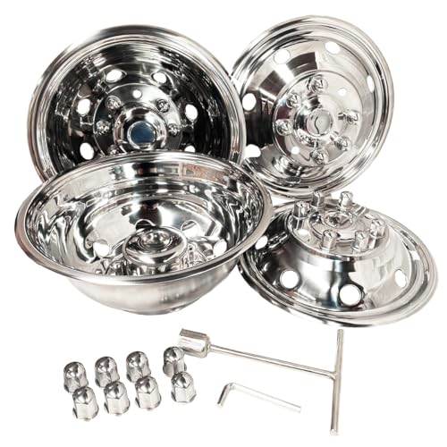 Image of 4pcs 16 inch Polished 304 Stainless Steel Wheel Simulators For Ram 3500 | For 74-99 Ram 3500, 74-98 Ford F350, 92-21 E350 /E450, Dually 8 Lug 8 Hand Hole, Bolt On Hub Caps Wheel Covers